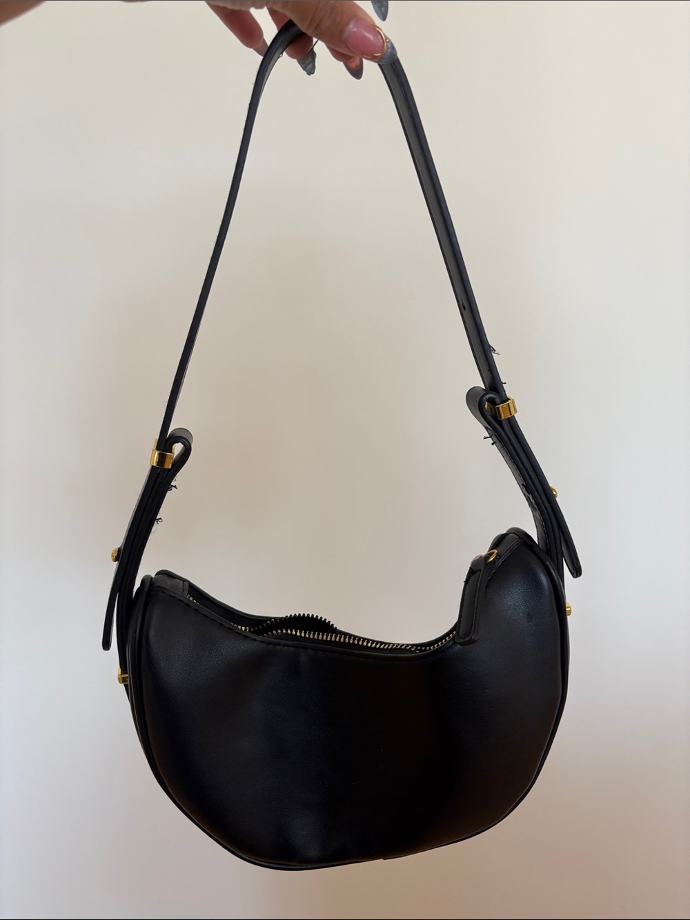 Black Leather Crescent Shoulder Bag